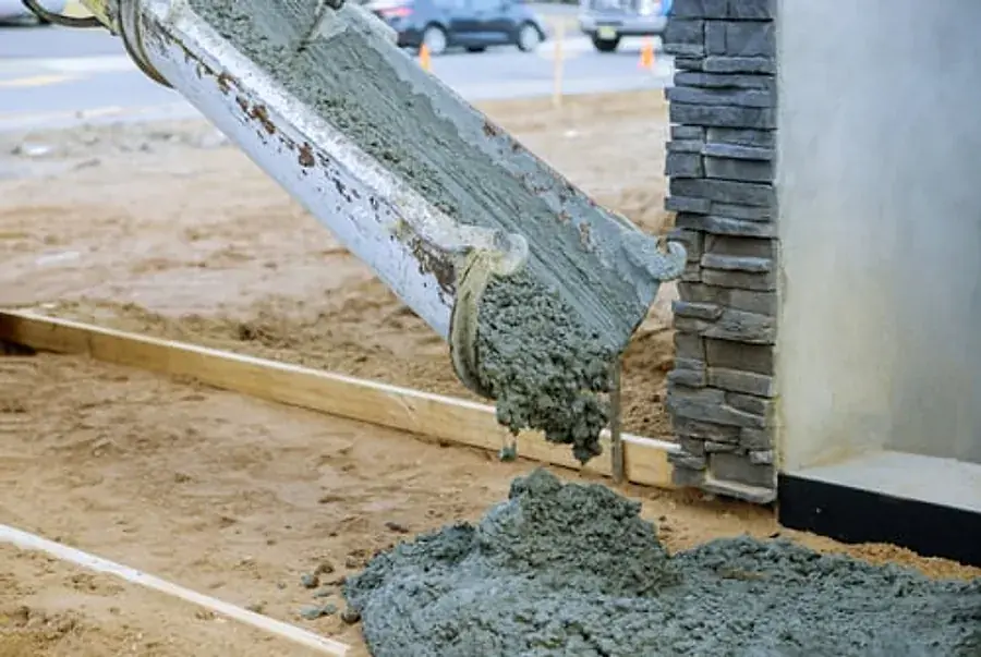 Concrete being poured from a mixer chute into formwork on a residential job site in Upland, California