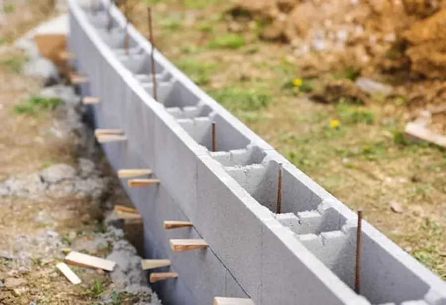 Concrete block stem wall foundation with vertical rebar and wood bracing on a new construction site
